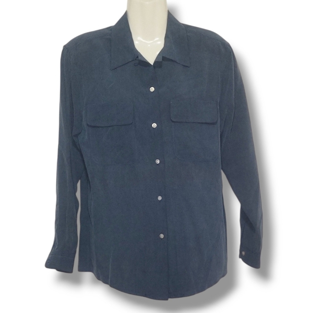 SILK HOUSE - Small 100% Silk Navy Blue Button Down Shirt